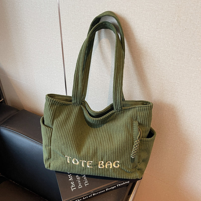 Corduroy shoulder bag large capacity student class bag women's solid color tote bag ﻿