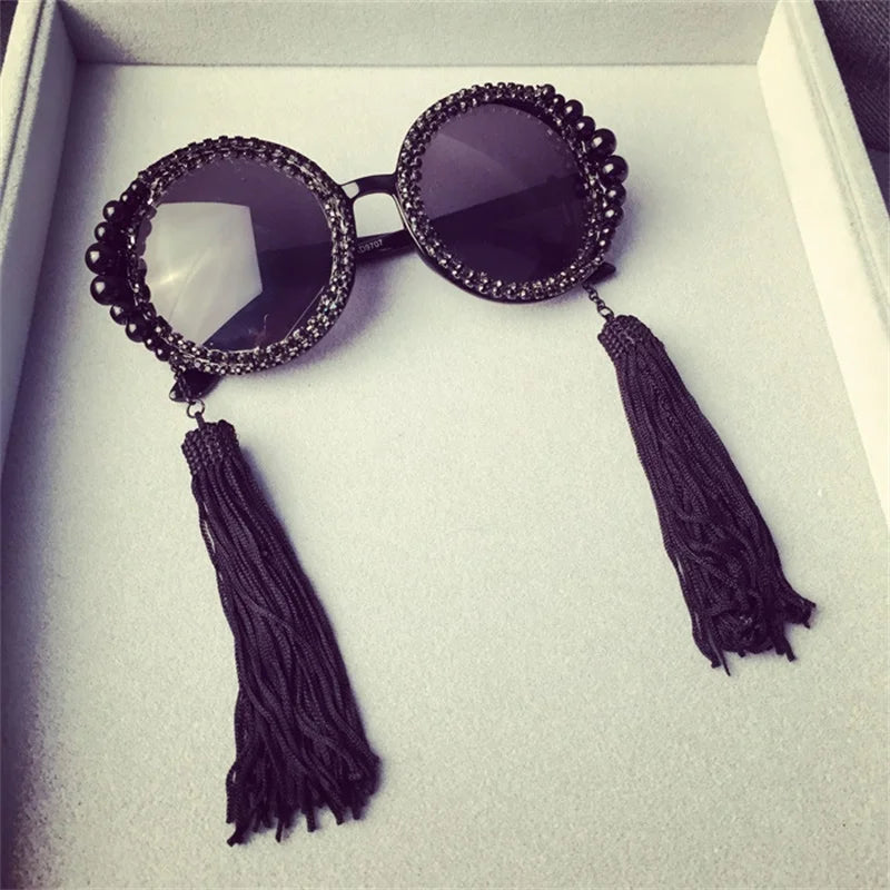 round sunglasses women tassel pearl rhinestones decoration sun glasses large frame round glasses female sunglasses