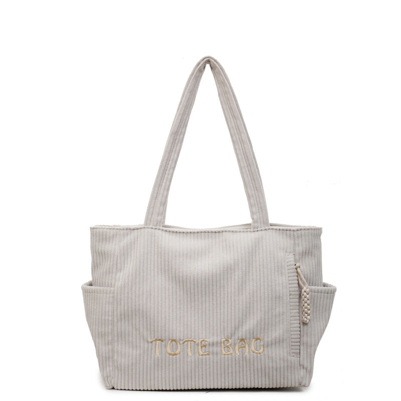 Corduroy shoulder bag large capacity student class bag women's solid color tote bag ﻿