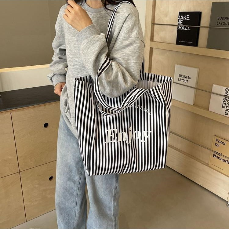 Colorful Stripe Canvas Tote Bag for Women, Large Capacity, Casual Shoulder Handbag, Simple Design