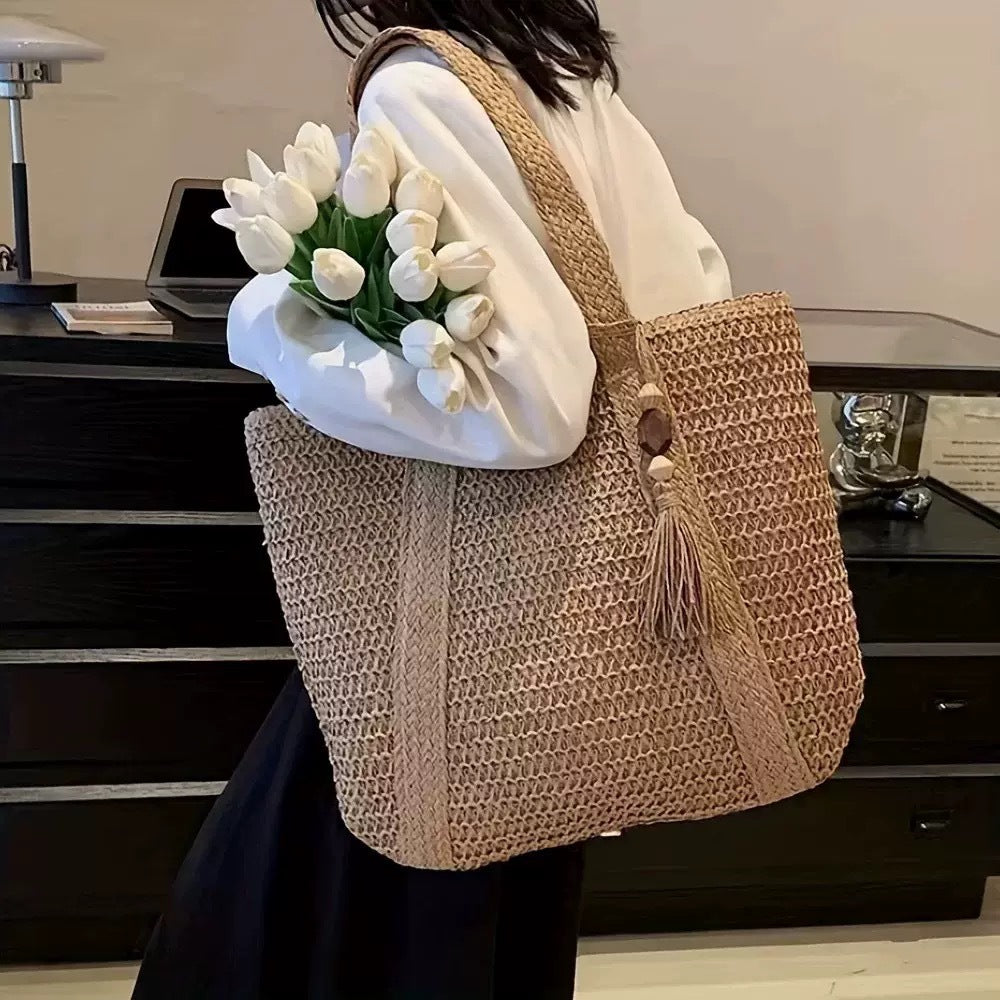 Large capacity commuting straw woven bag hand-held woven vacation style beach shoulder bag