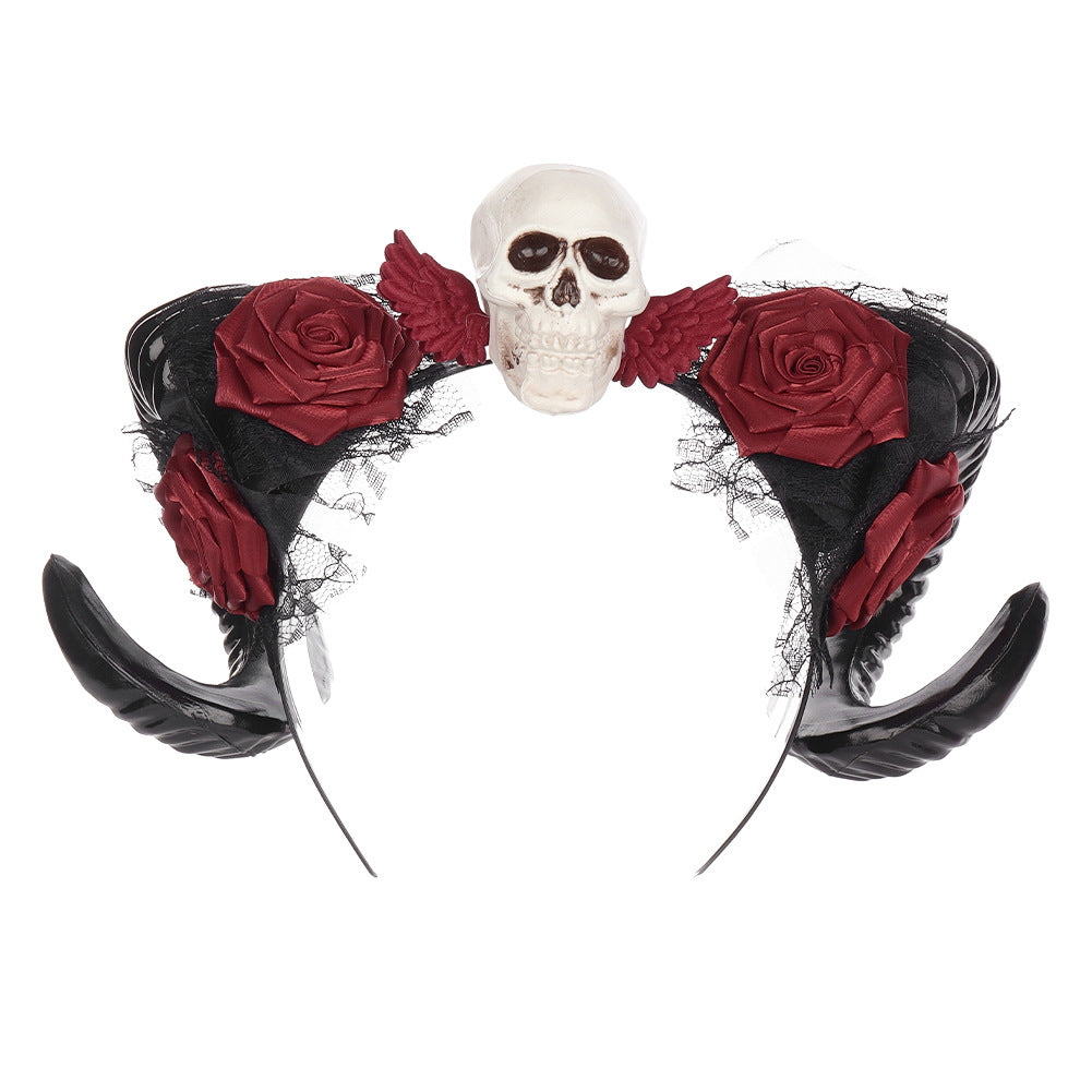 Halloween Dark Horn Headband Skull Devil Hair Accessory Red Rose Gothic Style Party Costume
