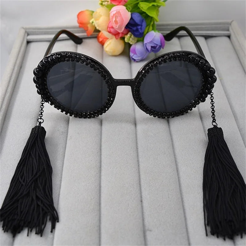 round sunglasses women tassel pearl rhinestones decoration sun glasses large frame round glasses female sunglasses