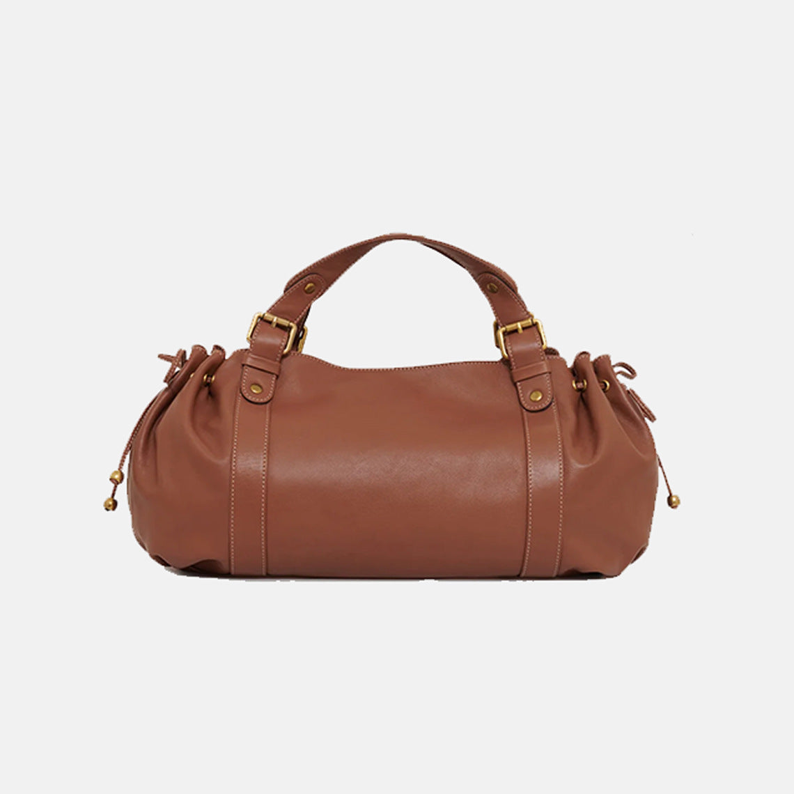 Black large capacity soft leather tote bag with pleated drawstring hand-held shoulder bag