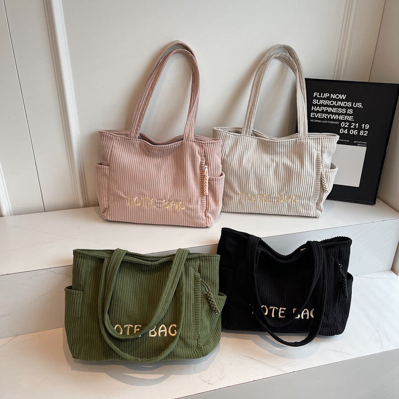 Corduroy shoulder bag large capacity student class bag women's solid color tote bag ﻿