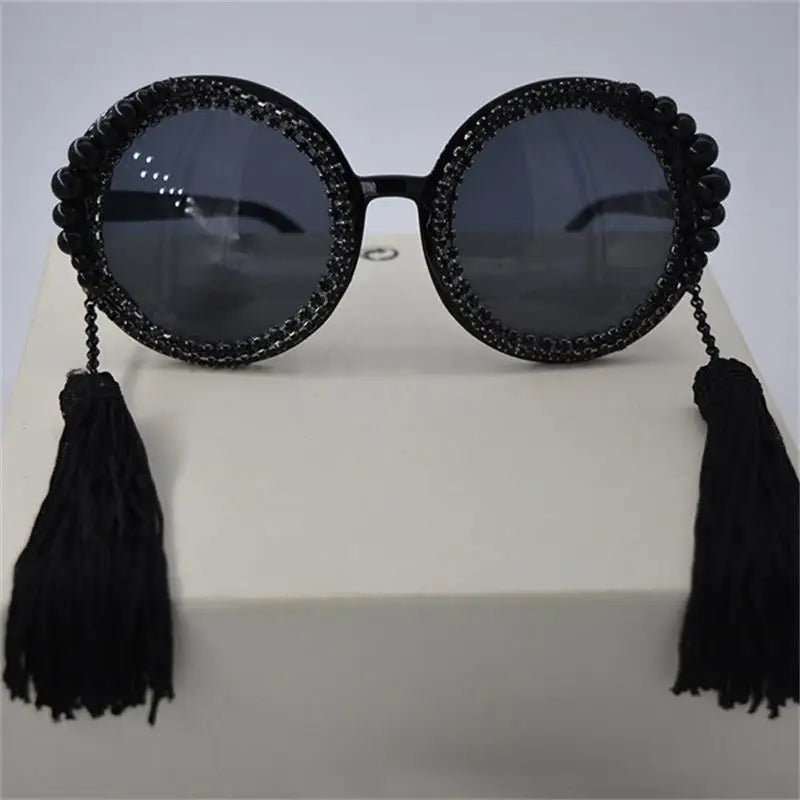 round sunglasses women tassel pearl rhinestones decoration sun glasses large frame round glasses female sunglasses