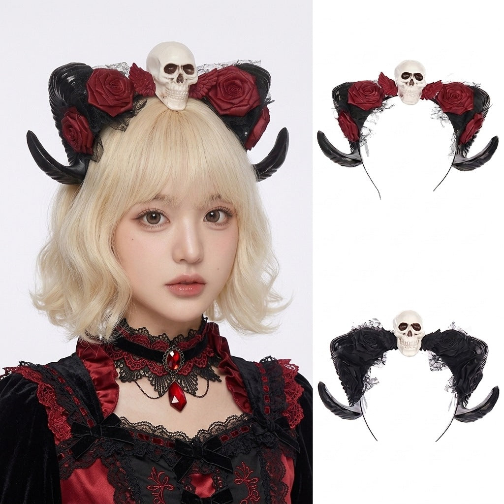 Halloween Dark Horn Headband Skull Devil Hair Accessory Red Rose Gothic Style Party Costume
