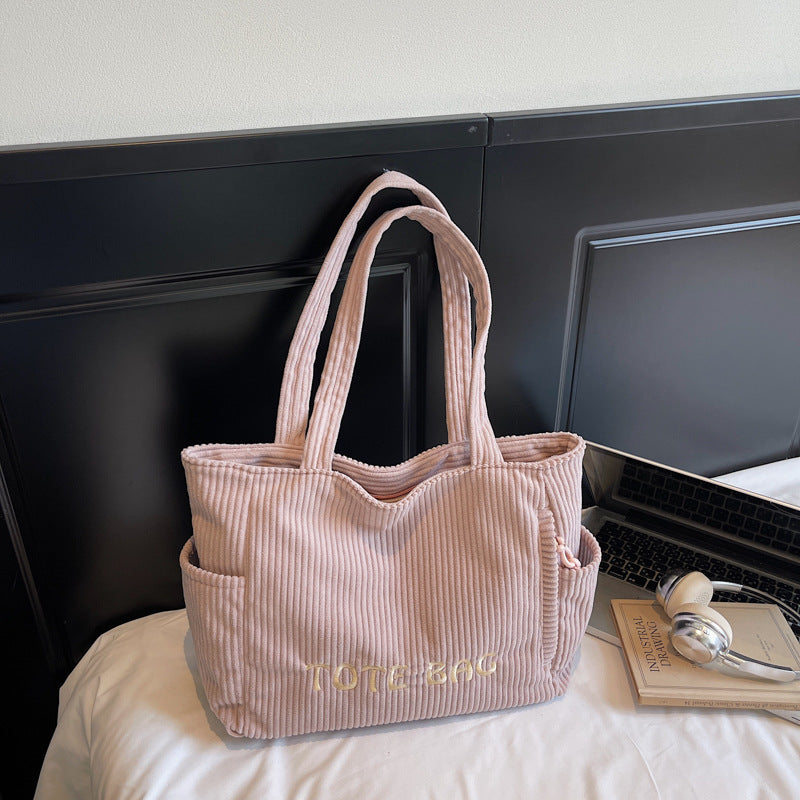 Corduroy shoulder bag large capacity student class bag women's solid color tote bag ﻿