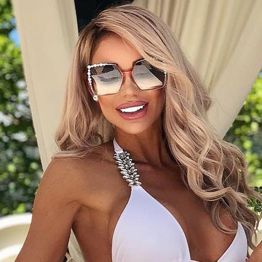 Oversized Square Sun Glasses Ladies New Luxury Pearl Sunglasses Women Brand Designer  Fashion Shades Big Square