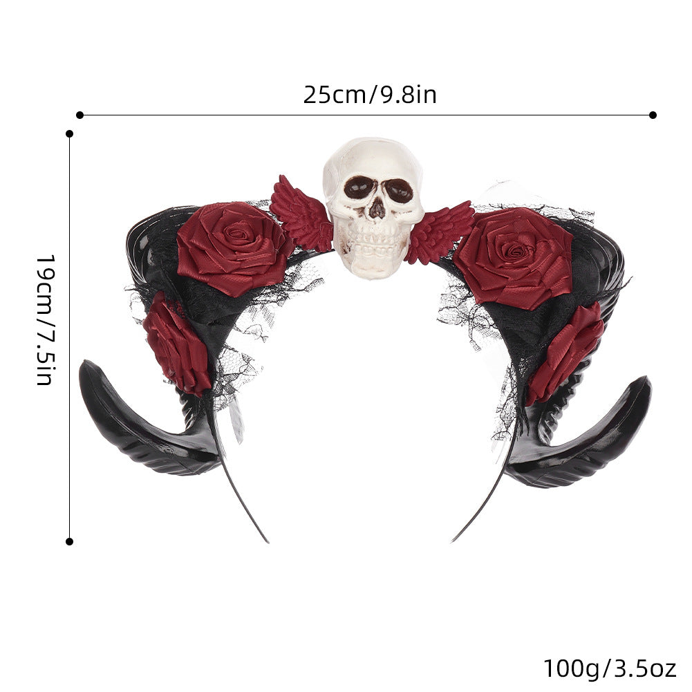 Halloween Dark Horn Headband Skull Devil Hair Accessory Red Rose Gothic Style Party Costume