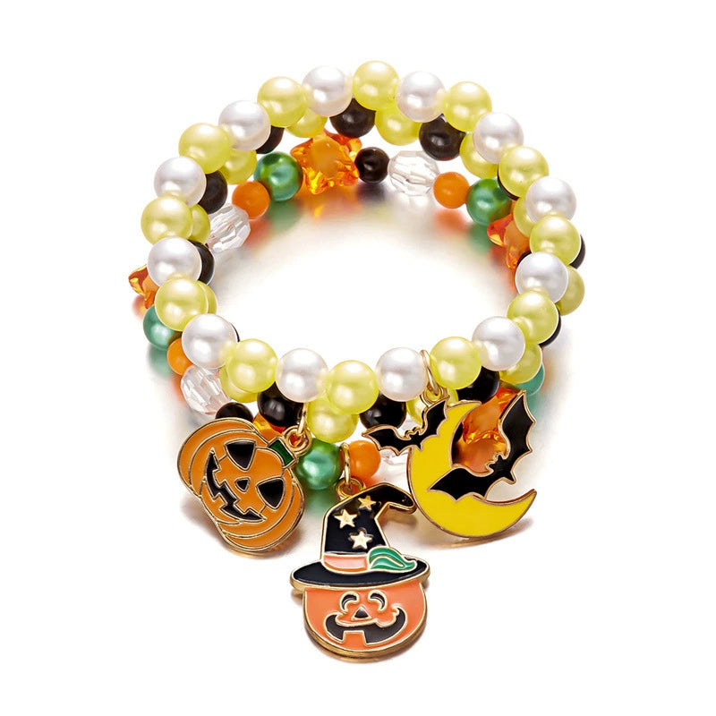 Halloween Cute Ghost Pumpkin Charm Beaded Bracelet Set, 3Pcs Stackable Enamel Charm Stretch Bracelets Witch Bat Mummy Jewelry For Women Kids Party