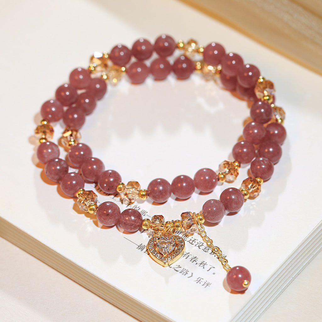 Double Strand Natural Strawberry Quartz Beaded Stretch Bracelet, Paved Crystal Heart Charm Dainty Stackable Wrist Jewelry for Women Valentine Daily Dating