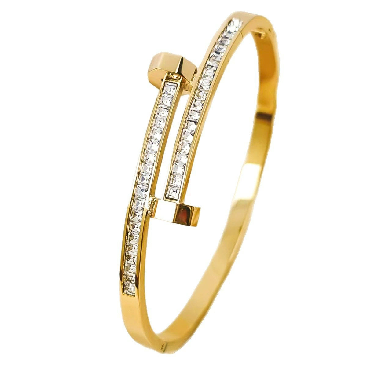 18K Gold Plated Titanium Steel Geometric Bangle Bracelet, Tarnish Resistant Cubic Zirconia Open Cuff Bracelet, Minimalist Waterproof Stackable Wrist Jewelry For Women