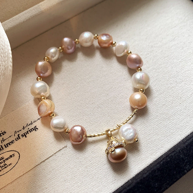 Multicolor Baroque Freshwater Pearl Stretch Bracelet, Irregular Pastel Pink White Pearl Beaded Wrist Bracelet with Paved Crystal Pearl Charm for Women Daily Bridal Wear