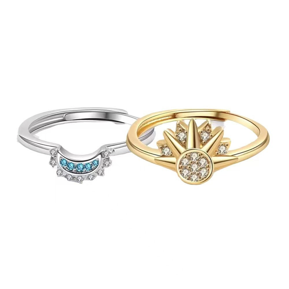 2Pcs Sun Moon Stackable Open Ring Set, Silver & Gold Plated Cubic Zirconia Adjustable Couple Rings