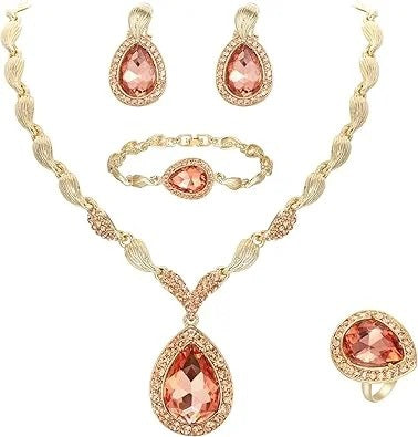 Teardrop Crystal Jewelry Set: Necklace, Earrings, Bracelet & Ring (6 Colors)