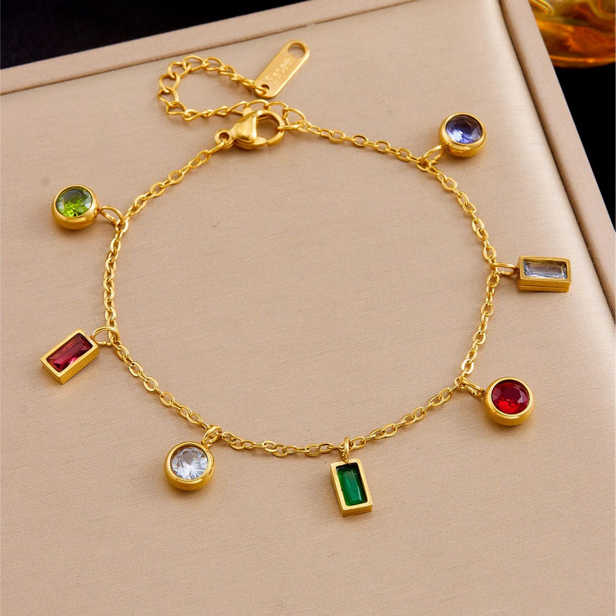 Colorful Zircon Gold Plated Bracelet, Anti-allergy Stainless Steel, No Fade Charm Bangle