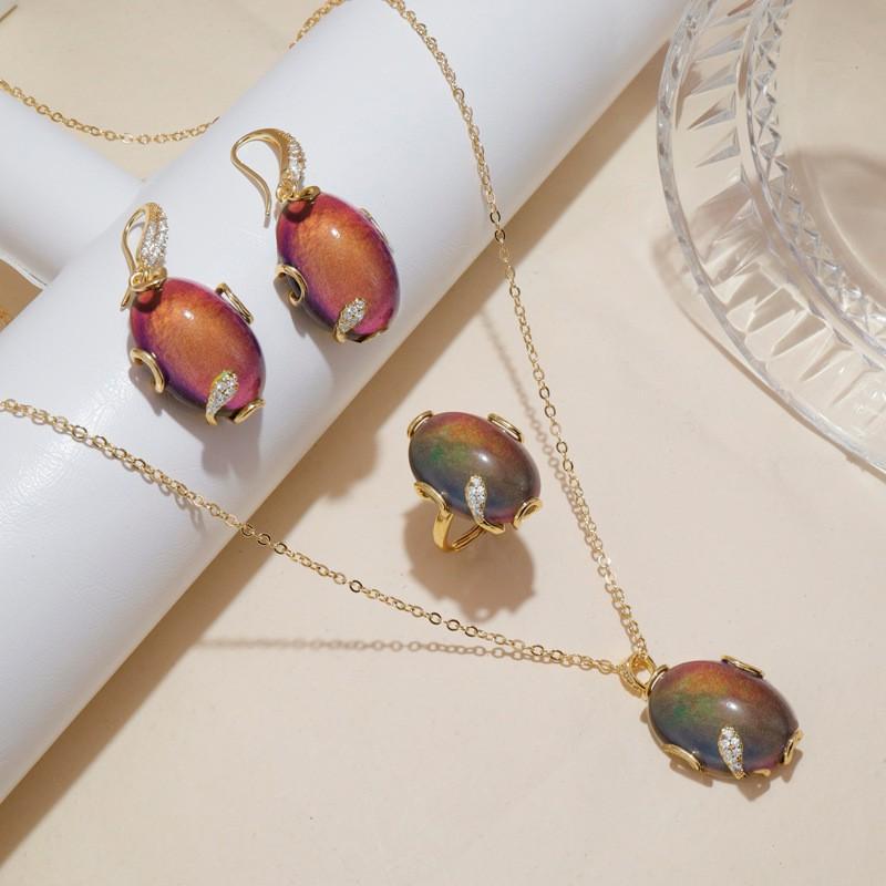 Thermochromic Temperature Sensitive Color Shift Gem Jewelry Kit Oval Mood Stone Drop Earring Adjustable Band Ring Chain Necklace