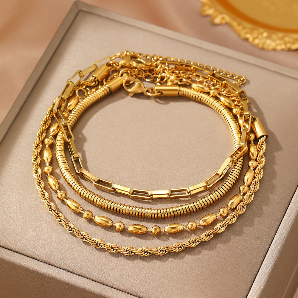 4-Layer Mixed Chain Bracelet, Hypoallergenic Titanium Steel Twist Snake Bead Stackable Bangle