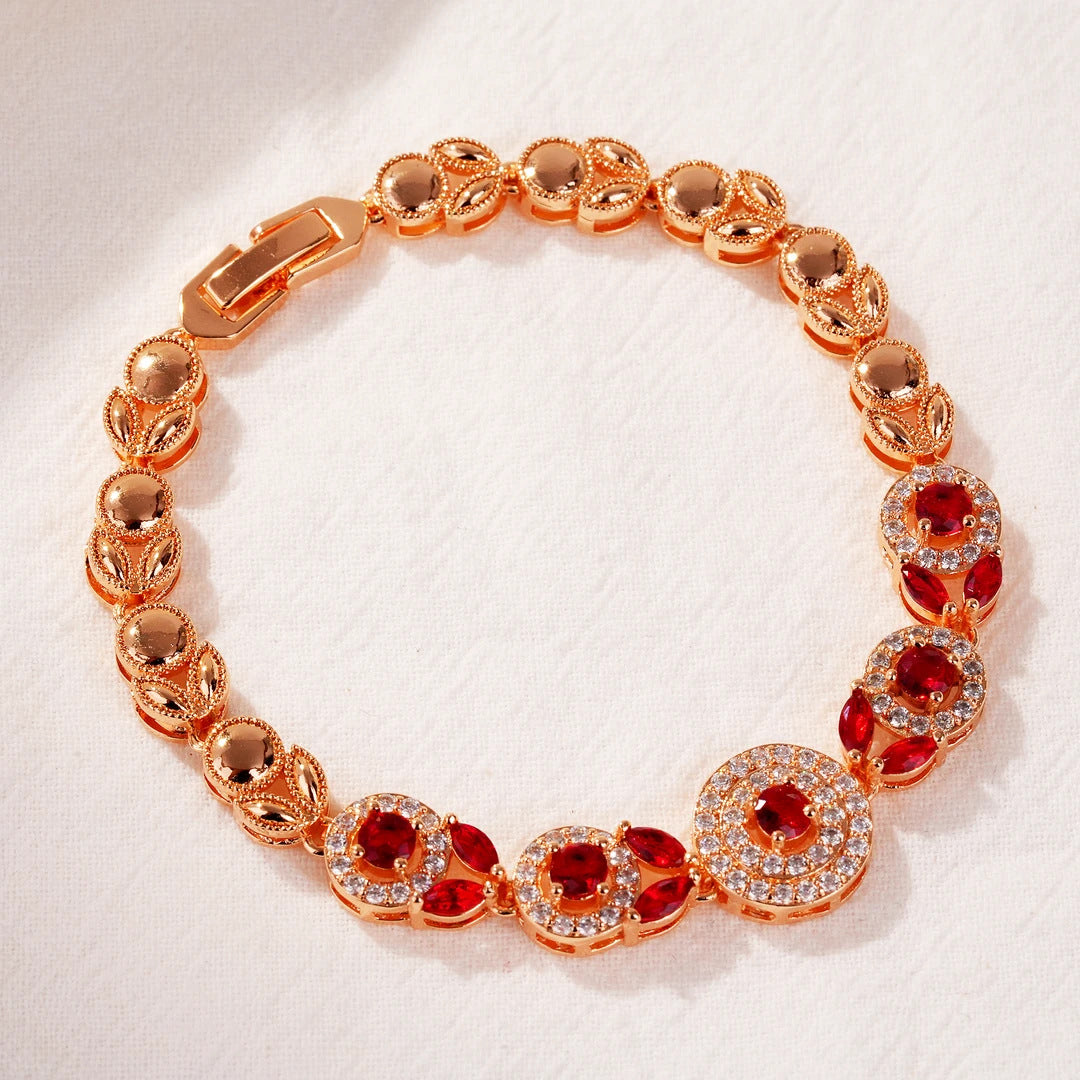 Retro Sparkly Pave Ruby Red Crystal Bracelet Double Circle Rhinestone Inlaid Rose Gold Chain Bracelet Wedding Banquet Statement Wrist Gift