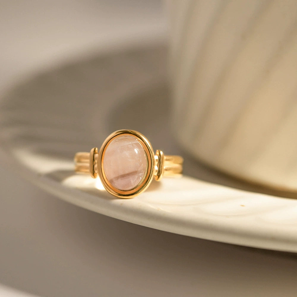Vintage Natural Stone Stainless Steel Open Adjustable Ring, 18K Gold Plated Tarnish Resistant Gemstone Stackable Ring For Women