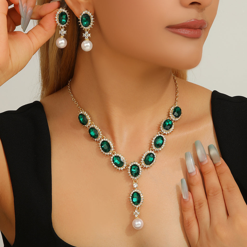 Vintage Emerald Green Crystal & Pearl Drop Necklace Earring Jewelry Set
