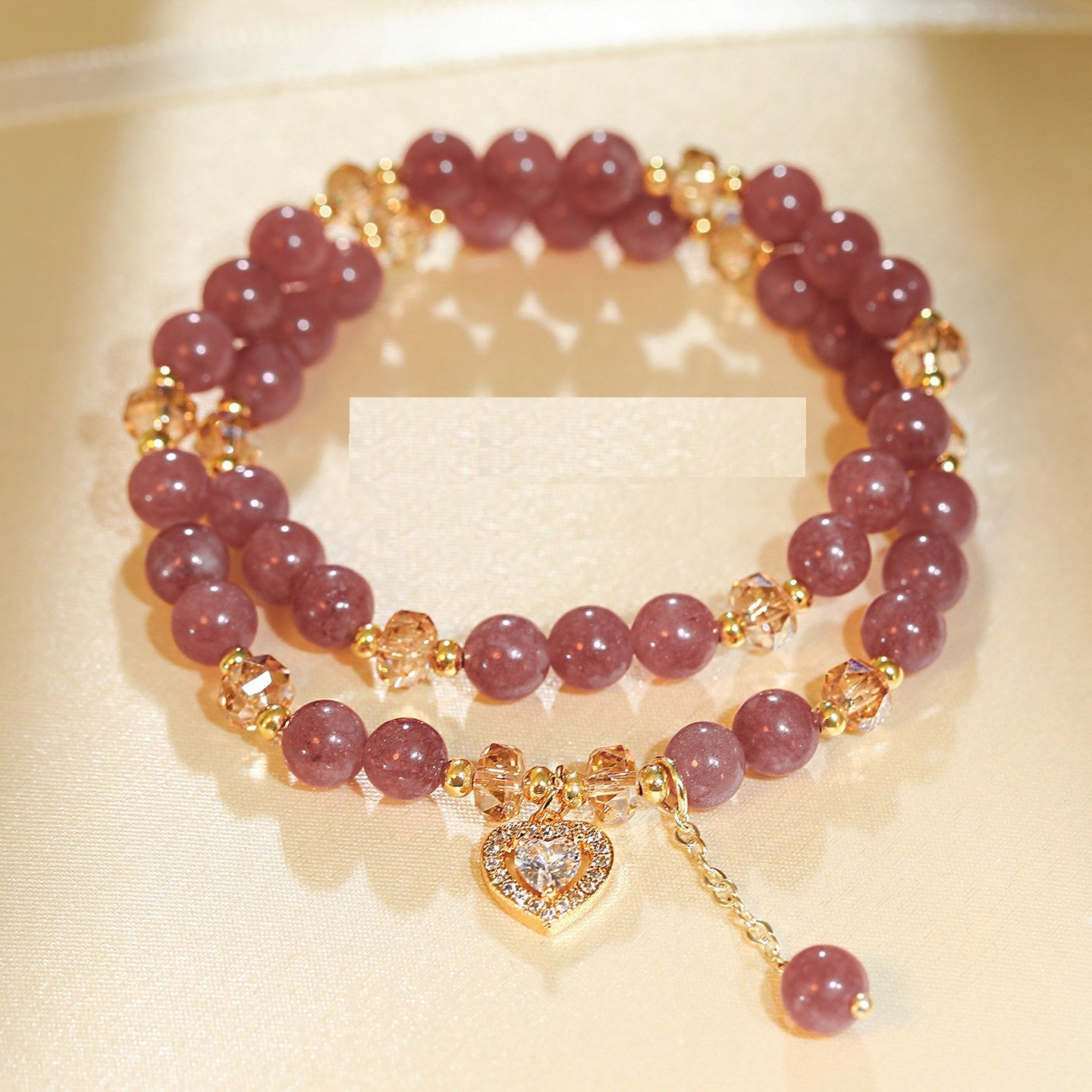 Double Strand Natural Strawberry Quartz Beaded Stretch Bracelet, Paved Crystal Heart Charm Dainty Stackable Wrist Jewelry for Women Valentine Daily Dating
