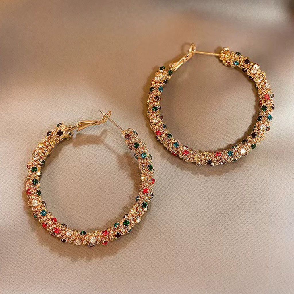 Colorful Rhinestone Hoop Earrings, Hypoallergenic Large Circle Crystal Ear Jewelry