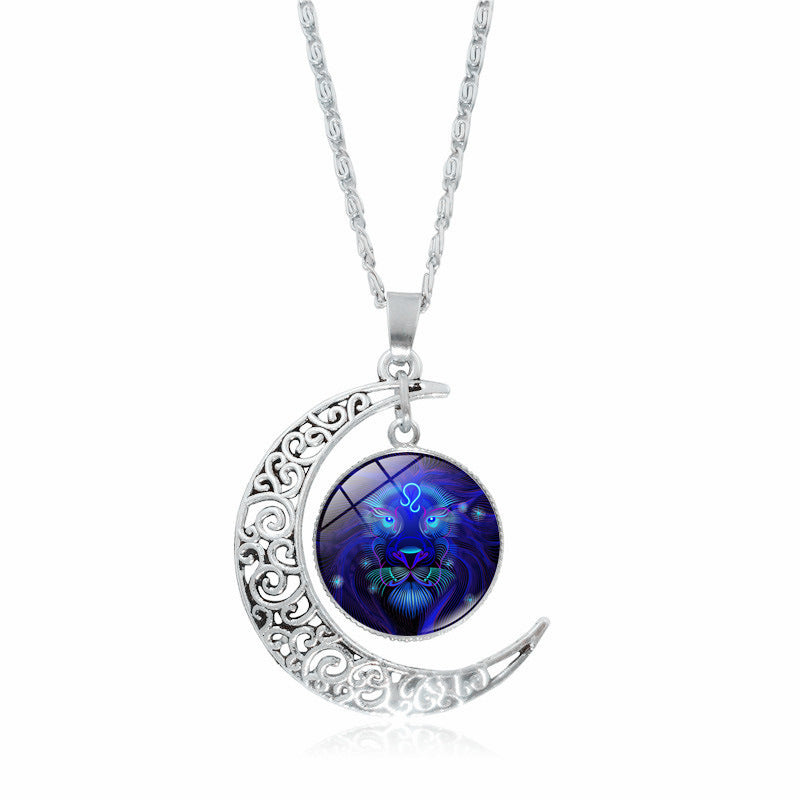 Stainless Steel 12 Constellation Crescent Moon Glass Pendant Necklace noctilucent, Zodiac Sign Time Gem Necklace for man women