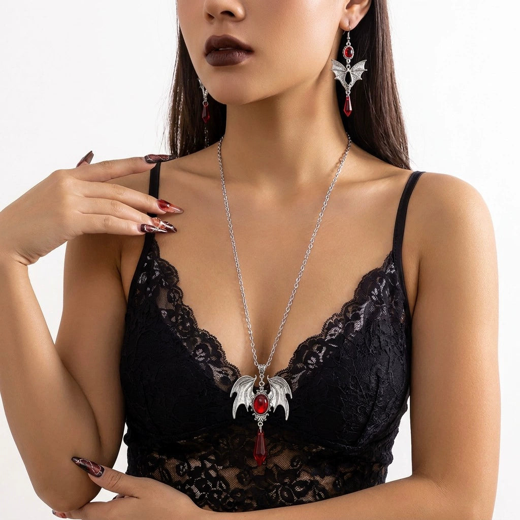 Vintage Gothic Bat Wing Jewelry Set, Halloween Crystal Pendant Necklace & Dangle Earrings Set Dark Punk Demon Wing Matching Jewelry For Women
