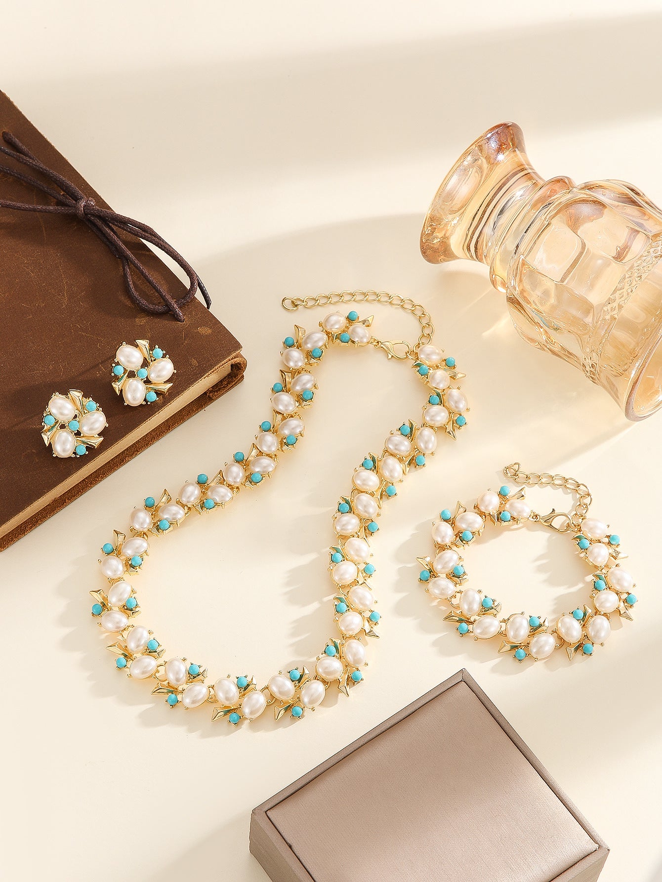 Gold Plated Imitation Pearl & Turquoise Crystal 3Pcs Jewelry Set, Anti-allergy Necklace+Bracelet+Earrings for Wedding Party