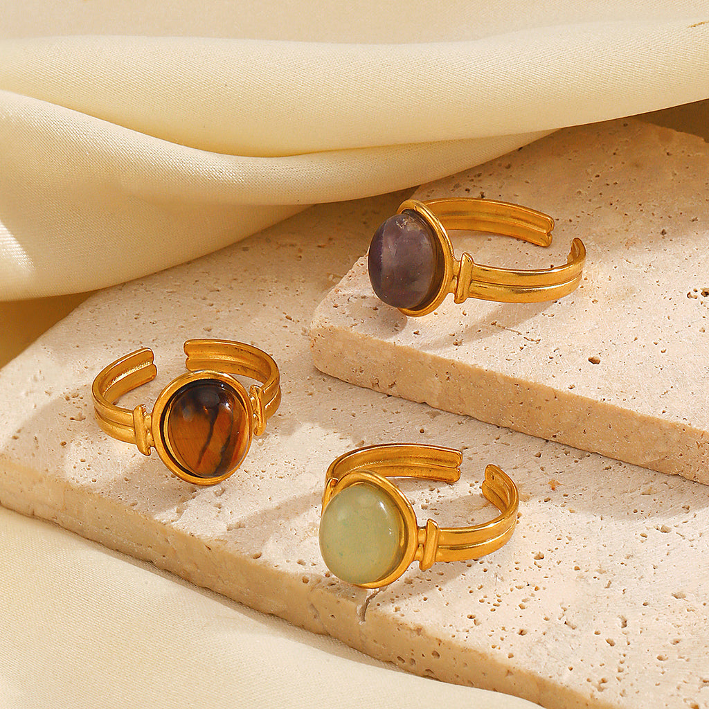 Vintage Natural Stone Stainless Steel Open Adjustable Ring, 18K Gold Plated Tarnish Resistant Gemstone Stackable Ring For Women