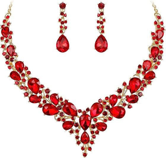 Crystal Statement Necklace & Earrings Set, 50+5cm Adjustable Chain