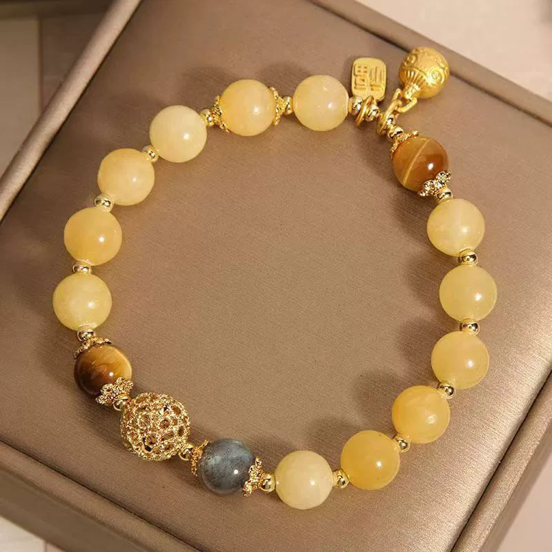 Vintage Golden Money Swallow Beast Bracelet with Hollow Ornate Ball, Natural Topaz & Grey Moonstone Tiger Eye Beaded Bracelet, Wealth Luck Crystal Jewelry Gift for Women