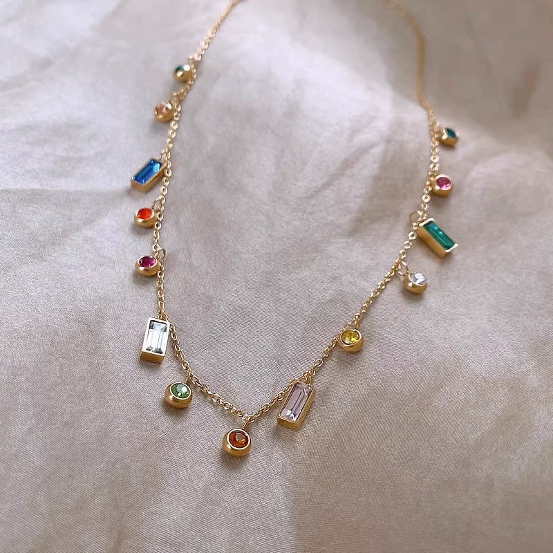 Colorful Zircon Drop Choker, Hypoallergenic Titanium Steel Dainty Geometric Pendant Necklace