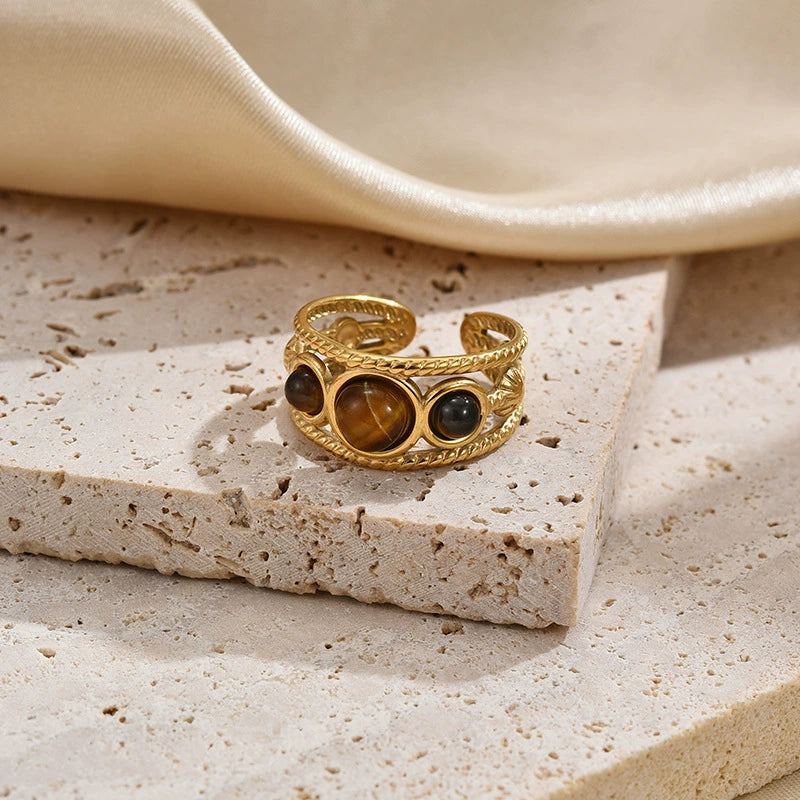 Tarnish Resistant Natural Tiger Eye Stone Open Adjustable Ring, 18K Gold Plated Stainless Steel Vintage Gemstone Stacking Ring For Women