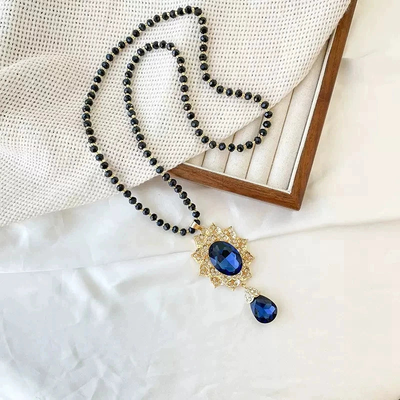 Vintage Deep Blue Crystal Pendant Long Sweater Necklace Round Teardrop Rhinestone Halo Gold Plated Black Beaded Statement Jewelry for Women