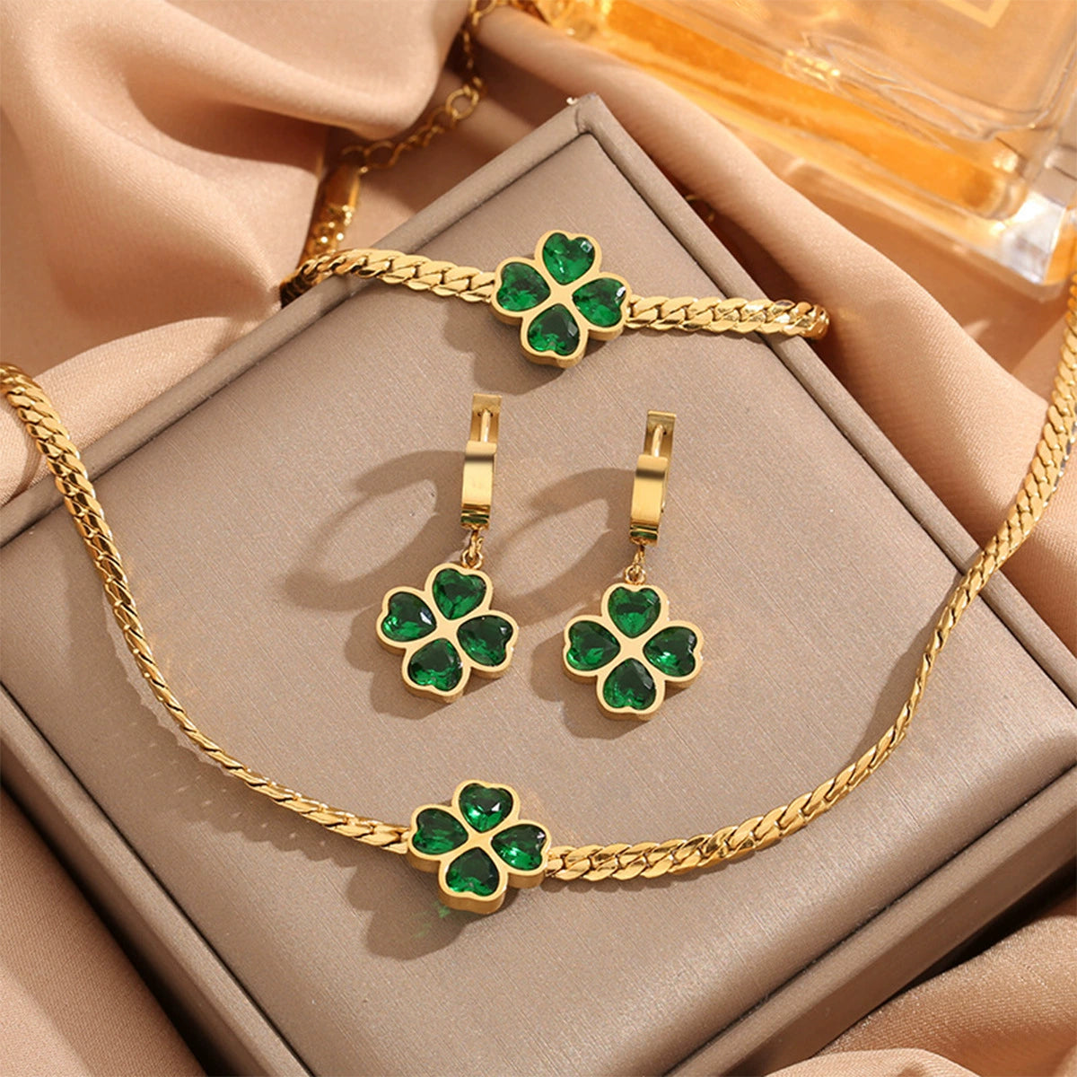 18K Gold Plated Stainless Steel Four Leaf Clover Jewelry Set, Tarnish Resistant Heart Emerald Zircon Cuban Chain Necklace Bracelet Hoop Earrings Set For Women