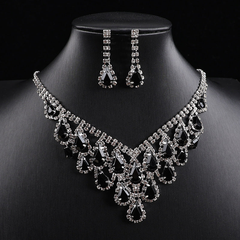 Teardrop Crystal Fringe Necklace Earring Jewelry Set, Formal Pageant Statement Jewelry