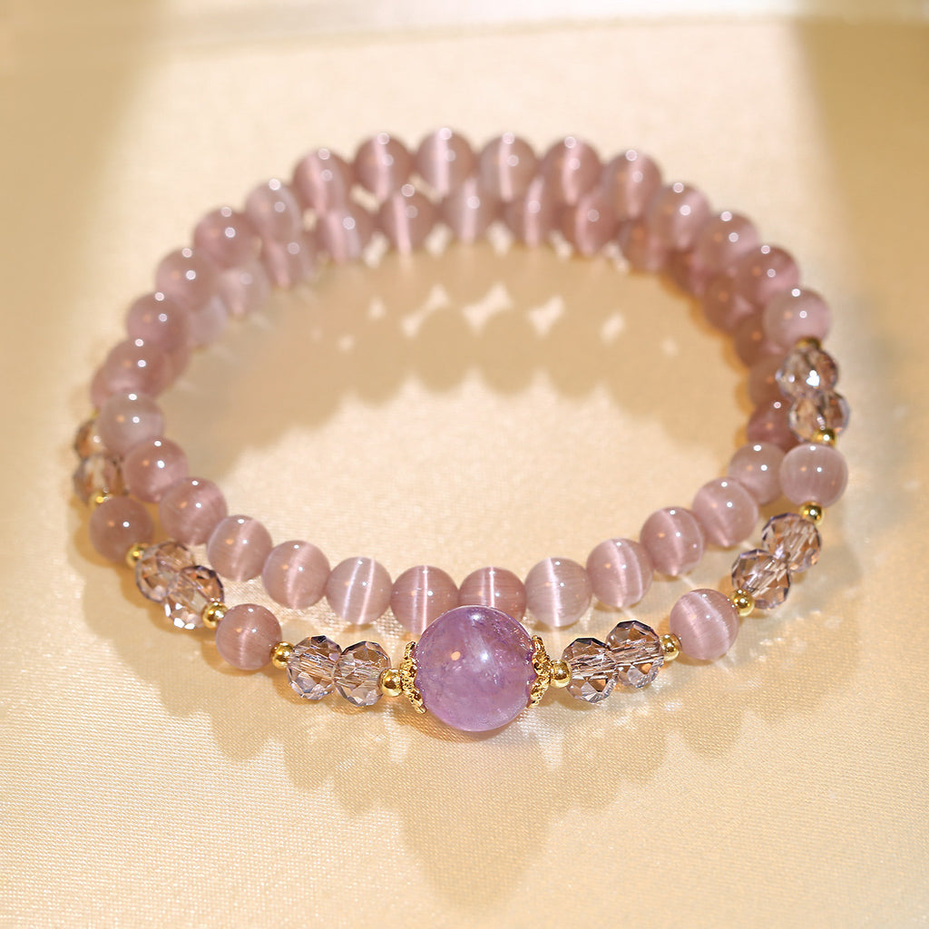 Double Layer Purple Cat’s Eye Beaded Stretch Bracelet, Natural Amethyst Focal Crystal Stackable Wrist Bracelet Dainty Feminine Jewelry for Women Daily Office Wear