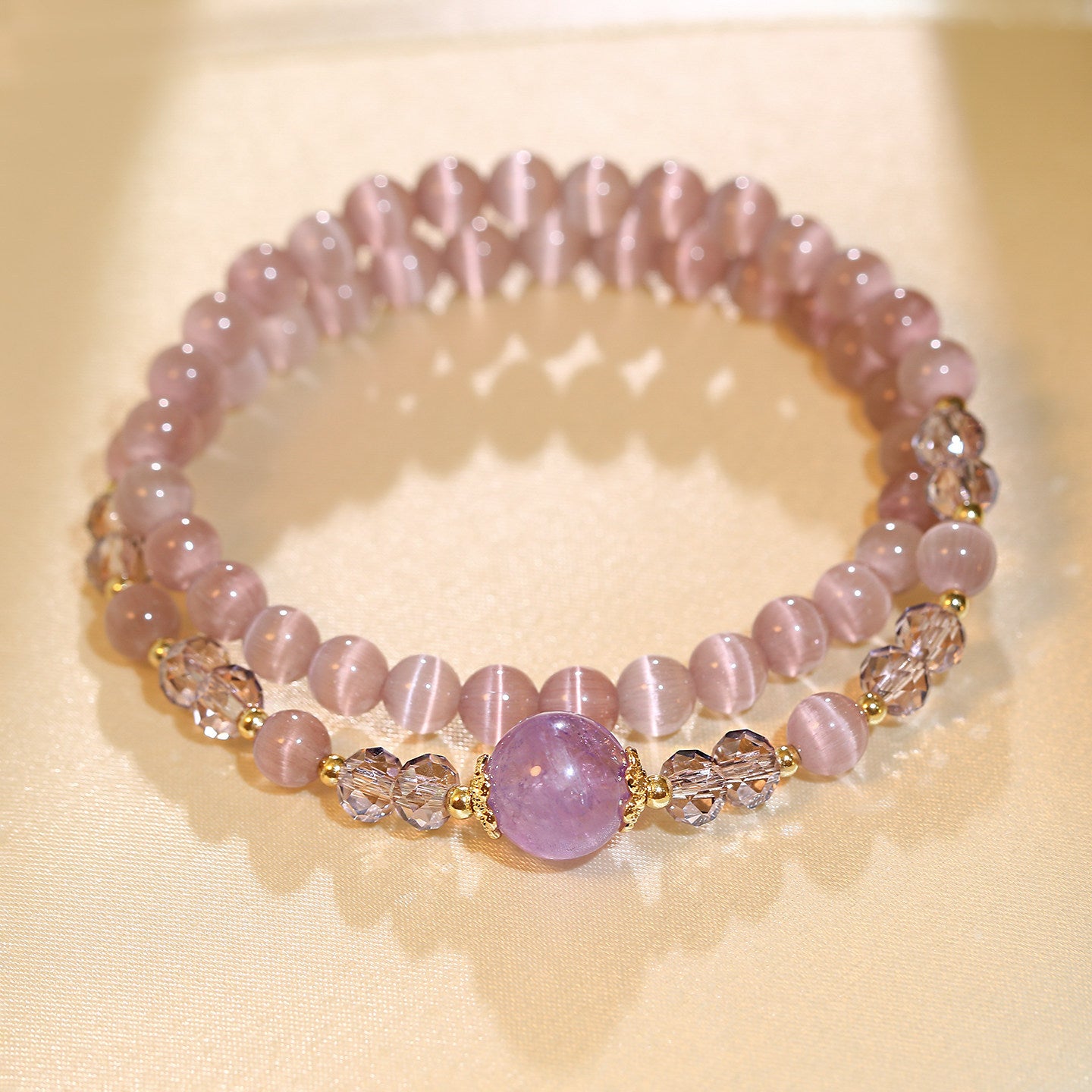 Double Layer Purple Cat’s Eye Beaded Stretch Bracelet, Natural Amethyst Focal Crystal Stackable Wrist Bracelet Dainty Feminine Jewelry for Women Daily Office Wear