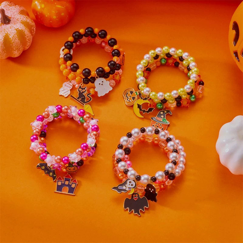 Halloween Cute Ghost Pumpkin Charm Beaded Bracelet Set, 3Pcs Stackable Enamel Charm Stretch Bracelets Witch Bat Mummy Jewelry For Women Kids Party