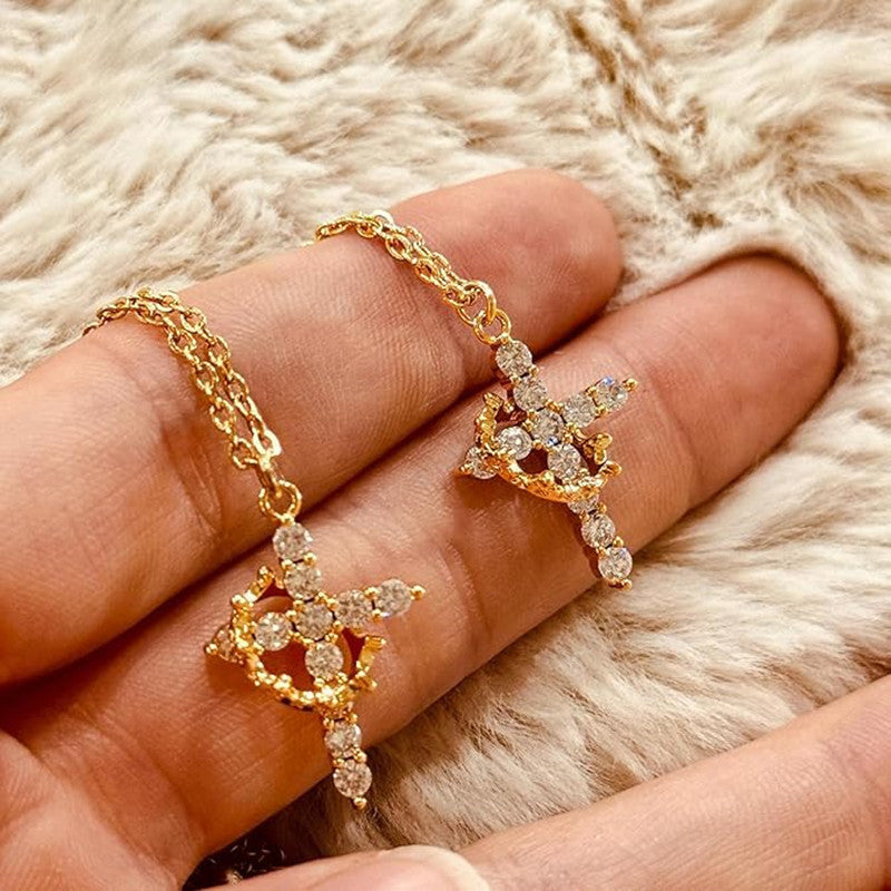 18K Gold Plated Rotatable Crown Cross Pendant Necklace, Stainless Steel Full Paved Cubic Zirconia Adjustable Chain 45+5cm