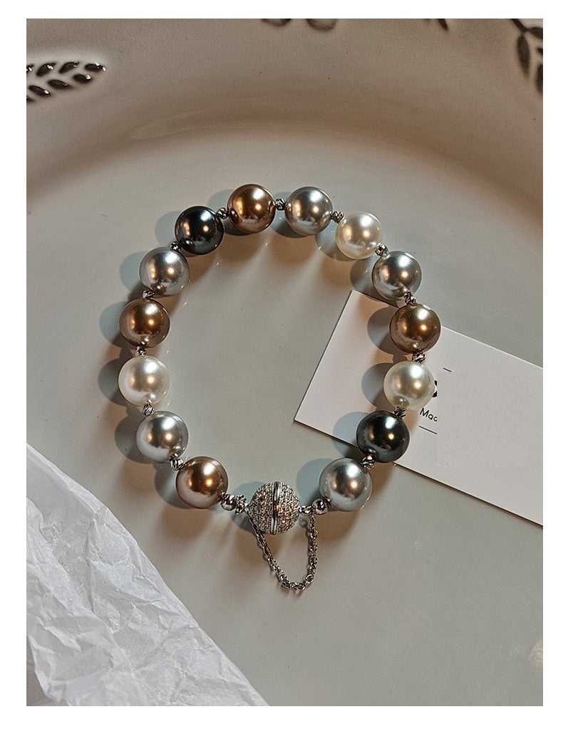 Multi-Color Tahitian Aurora Imitation Pearl Beaded Bracelet, Anti-Lost Magnetic Clasp Mixed Tone Glossy Pearl Stack Wrist Bracelet for Women Wedding Party Elegant Daily Jewelry