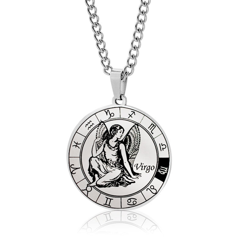 12 Zodiac Sign Stainless Steel Pendant Necklace Engraved Horoscope Coin 60cm Curb Chain Unisex Gift