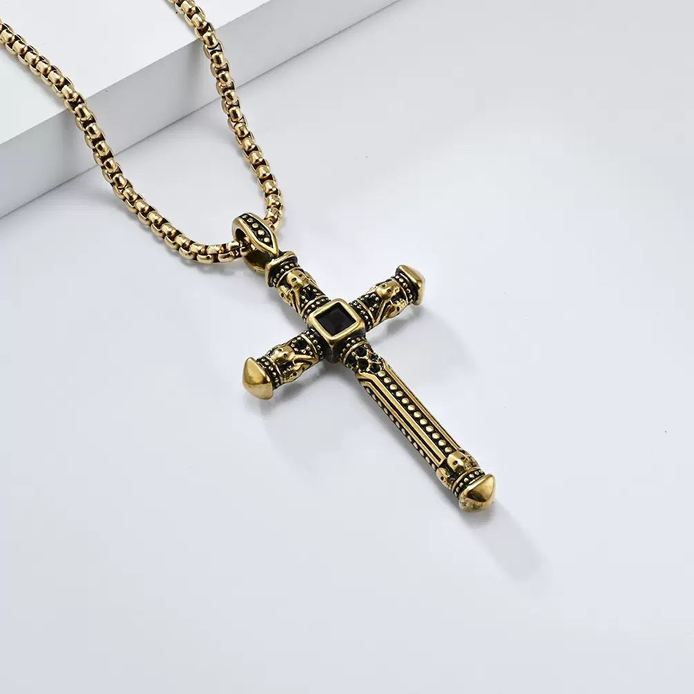 Mens Vintage Skull Cross Pendant Stainless Steel Necklace 60cm Box Chain Black Onyx Punk Biker Jewelry Silver Gold