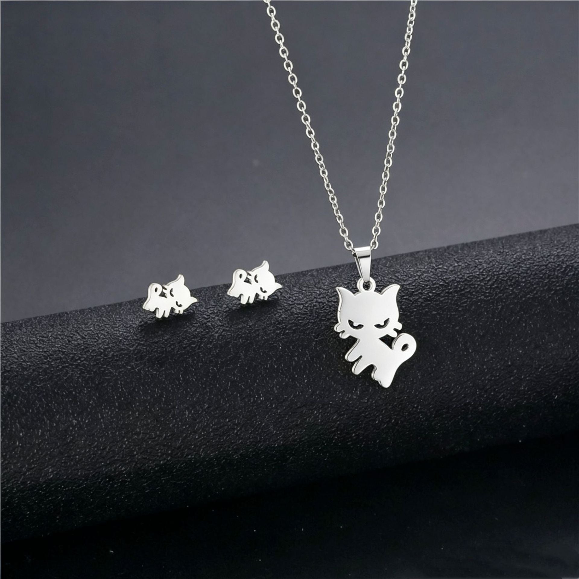 Cute Cartoon Cat Pendant Necklace Stud Earring Set Stainless Steel Gold Silver Pet Lover Jewelry Gift