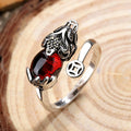 Vintage Pixiu Garnet Open Adjustable Ring, Chinese Lucky Coin Wealth Feng Shui Silver Tone Ring for Women Men