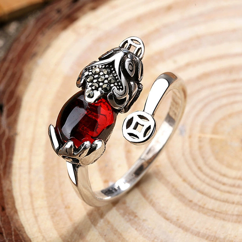 Vintage Pixiu Garnet Open Adjustable Ring, Chinese Lucky Coin Wealth Feng Shui Silver Tone Ring for Women Men