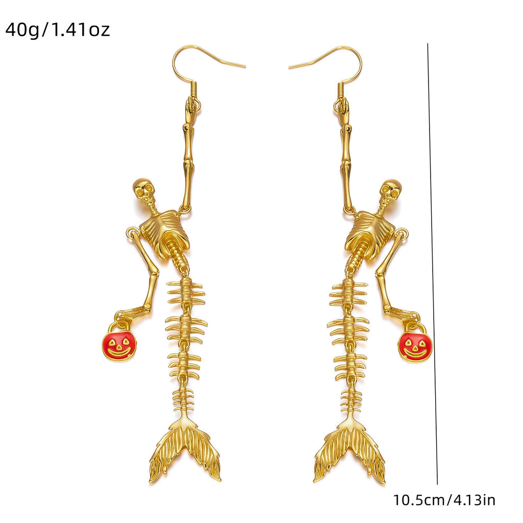 Halloween Golden Skeleton Mermaid Jewelry Set, Skull Mermaid Skeleton Necklace & Dangle Earrings, Pumpkin Smile Face Gothic Mermaid Bone Jewelry, Spooky Halloween Costume Accessory for Women